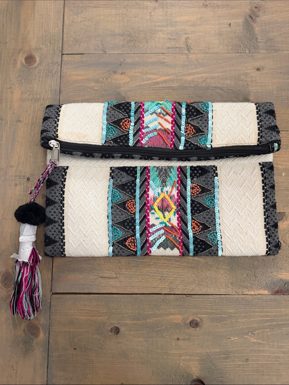 Ivory Embroidered Foldover Clutch with Multicolor Accent